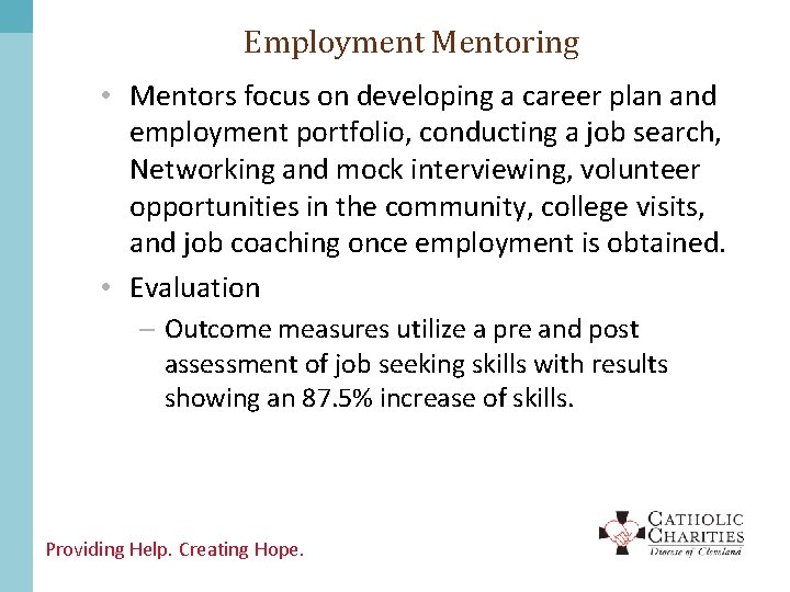 Employment Mentoring • Mentors focus on developing a career plan and employment portfolio, conducting