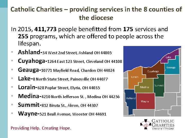 Catholic Charities – providing services in the 8 counties of the diocese In 2015,