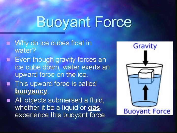 Buoyant Force Why do ice cubes float in water? n Even though gravity forces