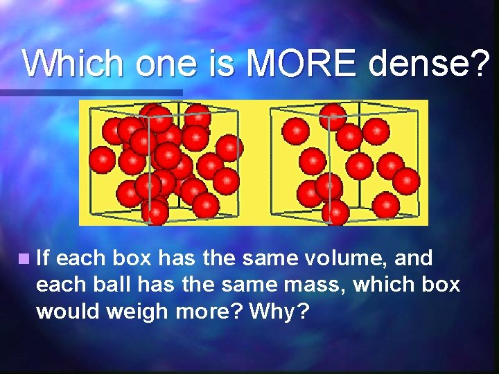 Which one is MORE dense? n If each box has the same volume, and