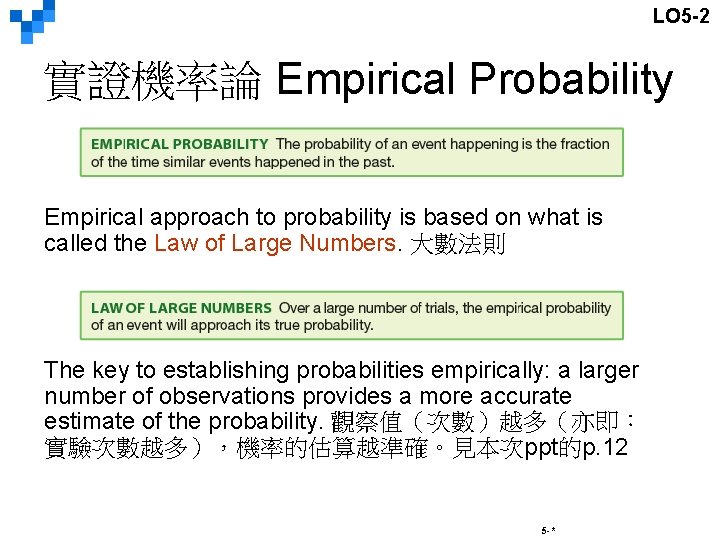 LO 5 -2 實證機率論 Empirical Probability Empirical approach to probability is based on what