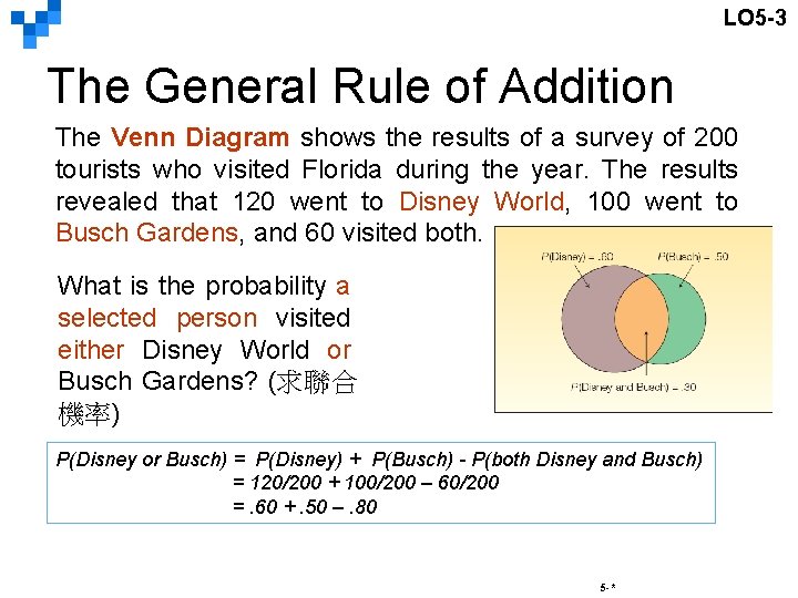 LO 5 -3 The General Rule of Addition The Venn Diagram shows the results