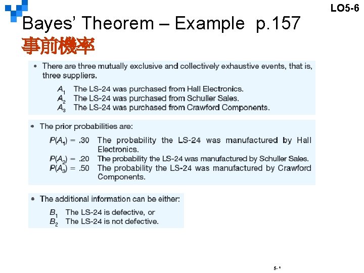 Bayes’ Theorem – Example p. 157 事前機率 5 -* LO 5 -6 