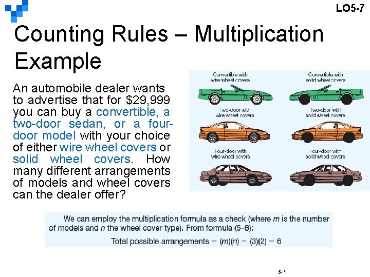 LO 5 -7 Counting Rules – Multiplication Example An automobile dealer wants to advertise