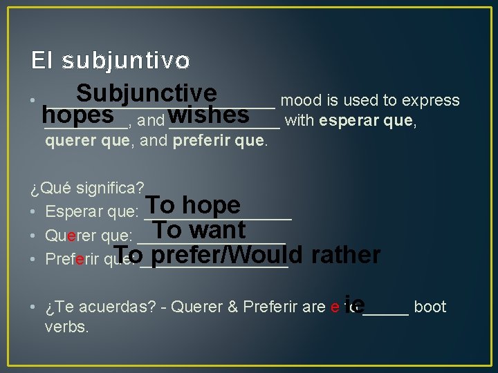 El subjuntivo Subjunctive • _____________ mood is used to express hopes _____, and wishes