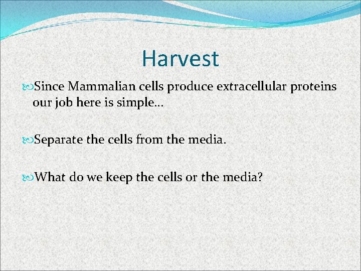 Harvest Since Mammalian cells produce extracellular proteins our job here is simple… Separate the