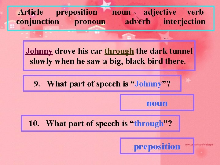 Article preposition noun adjective verb conjunction pronoun adverb interjection Johnny drove his car through