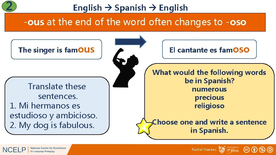 2 English Spanish English -ous at the end of the word often changes to