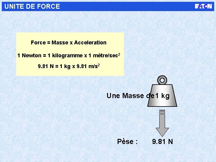 UNITE DE FORCE Force = Masse x Acceleration 1 Newton = 1 kilogramme x