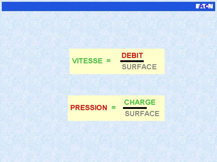 VITESSE = PRESSION = DEBIT SURFACE CHARGE SURFACE 