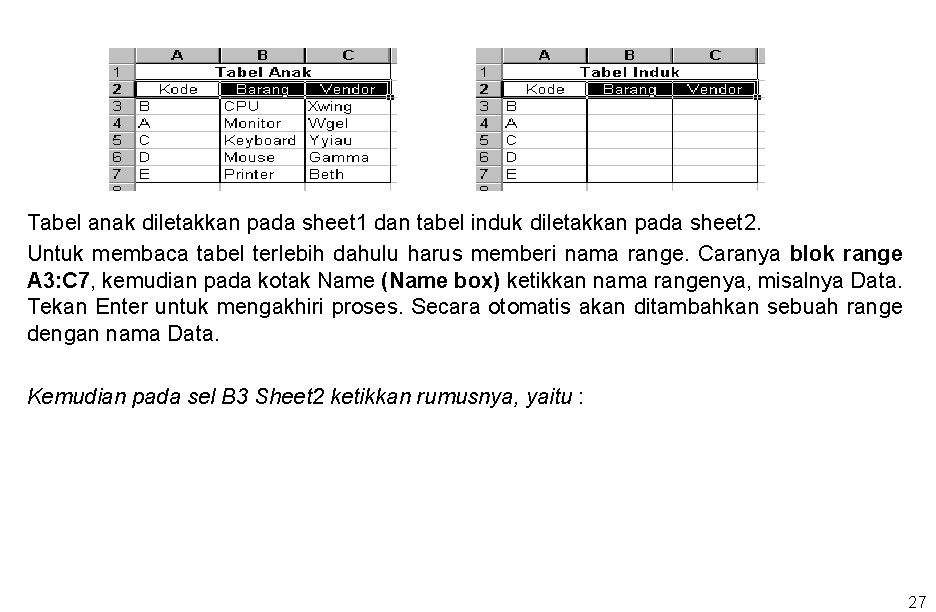 Tabel anak diletakkan pada sheet 1 dan tabel induk diletakkan pada sheet 2. Untuk