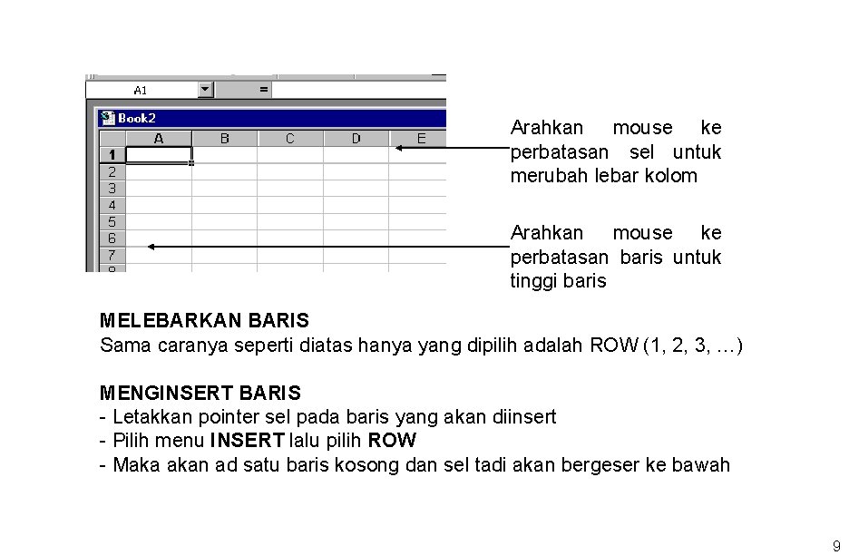 Arahkan mouse ke perbatasan sel untuk merubah lebar kolom Arahkan mouse ke perbatasan baris