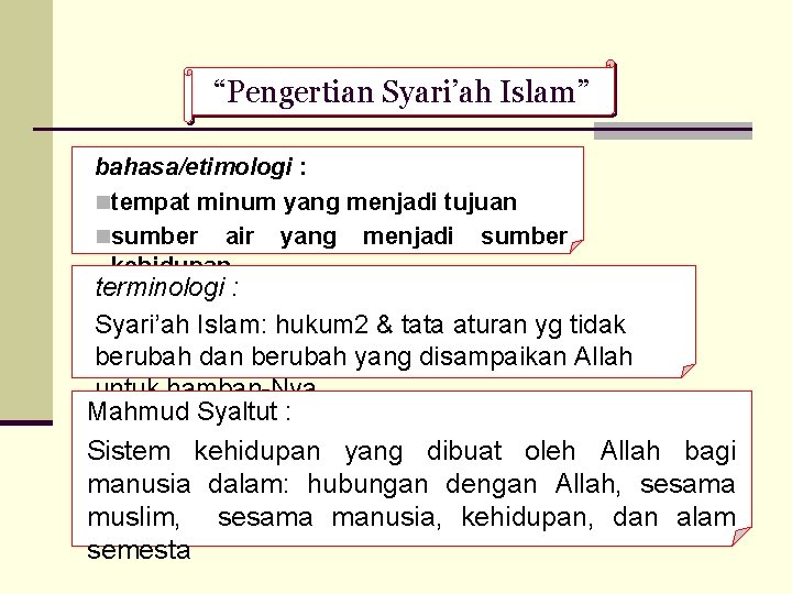 “Pengertian Syari’ah Islam” bahasa/etimologi : ntempat minum yang menjadi tujuan nsumber air yang menjadi