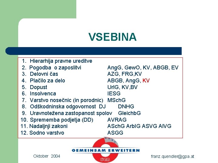 VSEBINA 1. Hierarhija pravne ureditve 2. Pogodba o zaposlitvi Ang. G, Gew. O, KV,