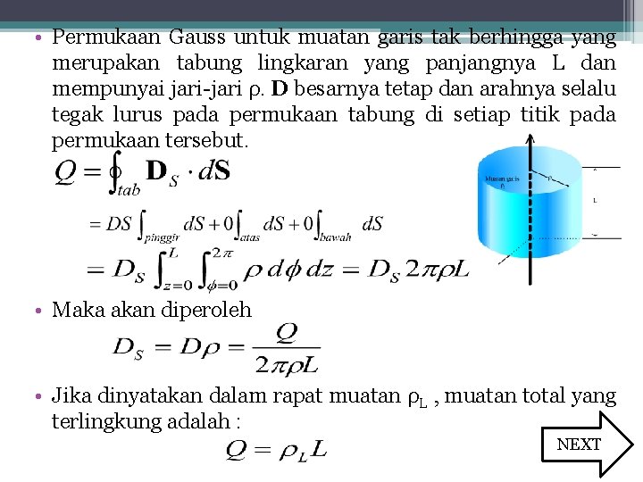  • Permukaan Gauss untuk muatan garis tak berhingga yang merupakan tabung lingkaran yang
