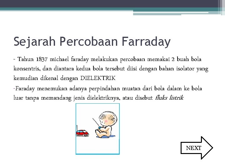 Sejarah Percobaan Farraday - Tahun 1837 michael faraday melakukan percobaan memakai 2 buah bola