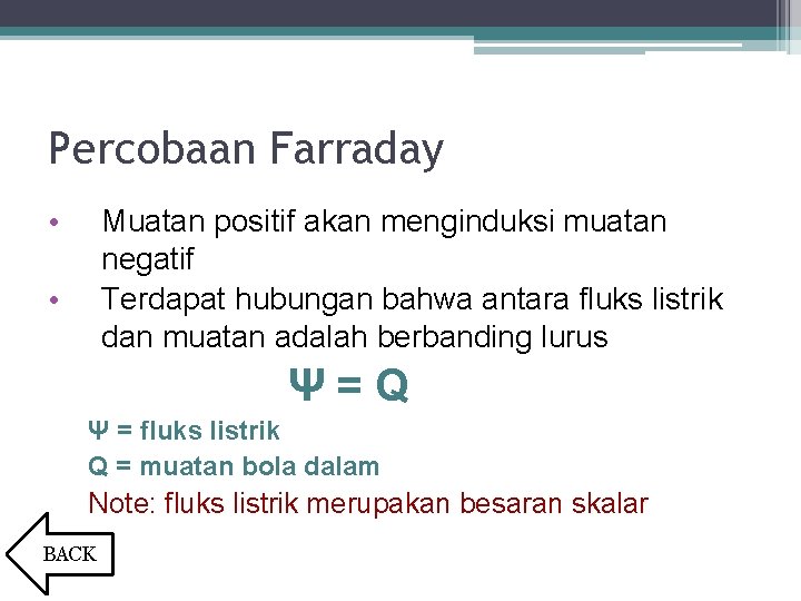 Percobaan Farraday • Muatan positif akan menginduksi muatan negatif Terdapat hubungan bahwa antara fluks