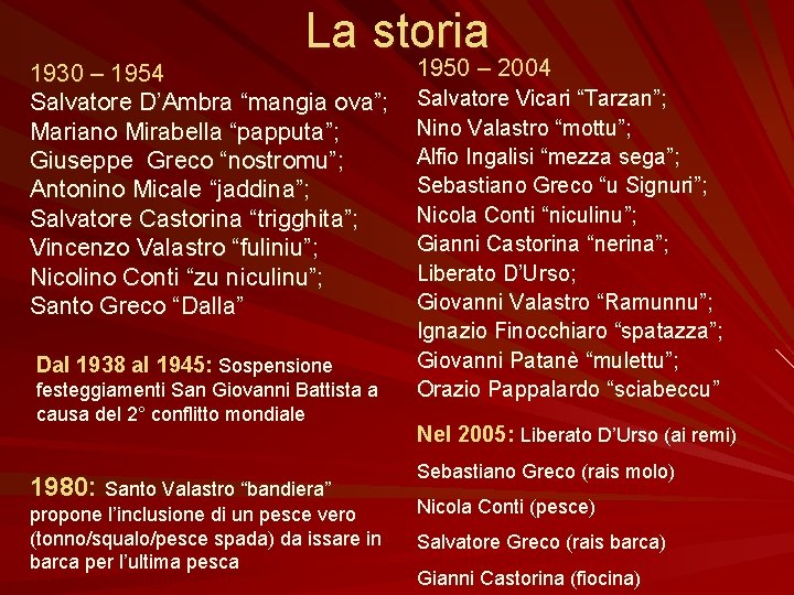 La storia 1930 – 1954 Salvatore D’Ambra “mangia ova”; Mariano Mirabella “papputa”; Giuseppe Greco