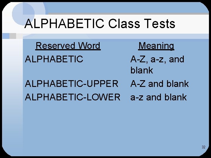 ALPHABETIC Class Tests Reserved Word ALPHABETIC-UPPER ALPHABETIC-LOWER Meaning A-Z, a-z, and blank A-Z and