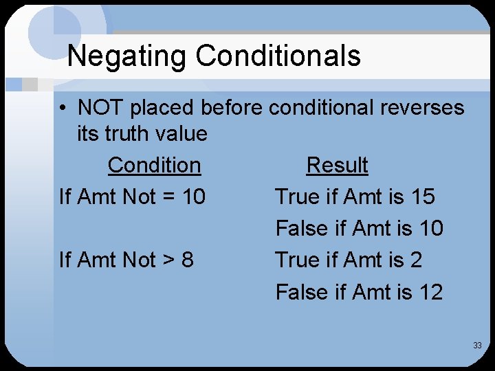 Negating Conditionals • NOT placed before conditional reverses its truth value Condition Result If