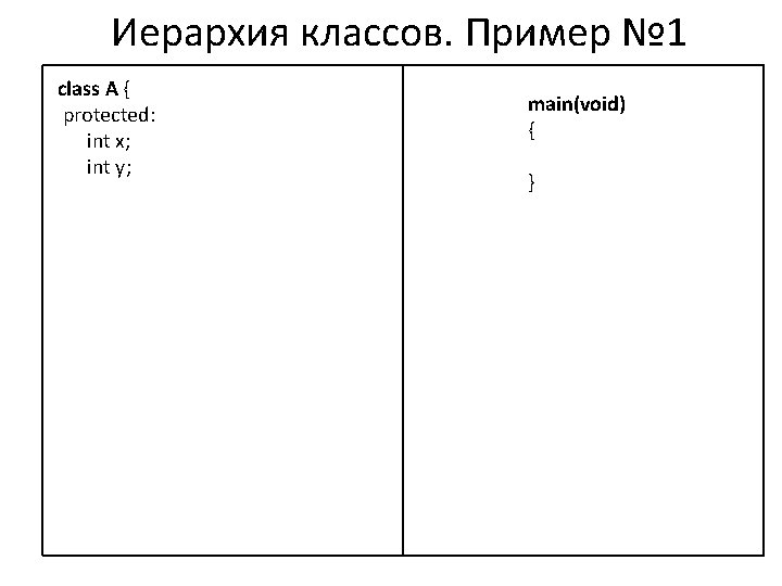 Иерархия классов. Пример № 1 class A { protected: int x; int y; main(void)