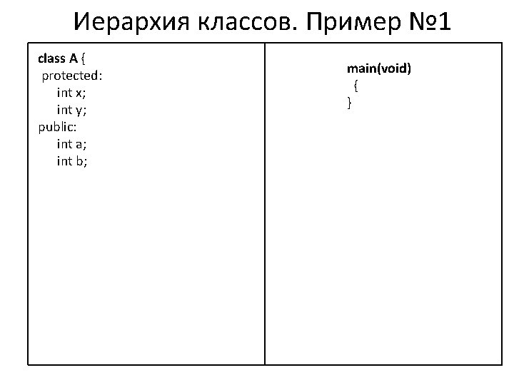 Иерархия классов. Пример № 1 class A { protected: int x; int y; public: