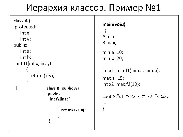 Иерархия классов. Пример № 1 class A { protected: int x; int y; public: