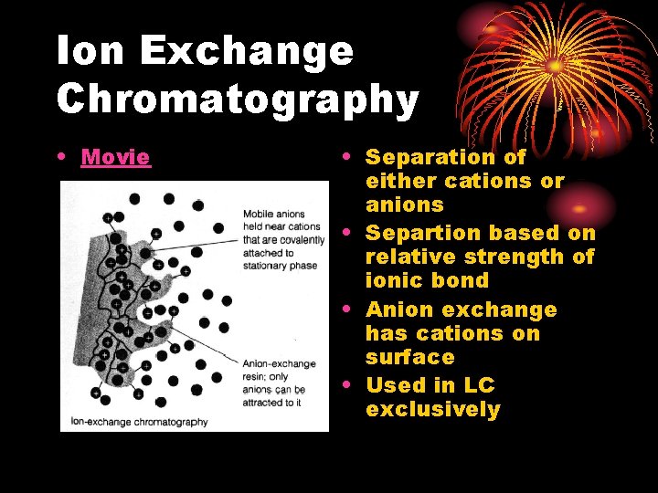 Ion Exchange Chromatography • Movie • Separation of either cations or anions • Separtion