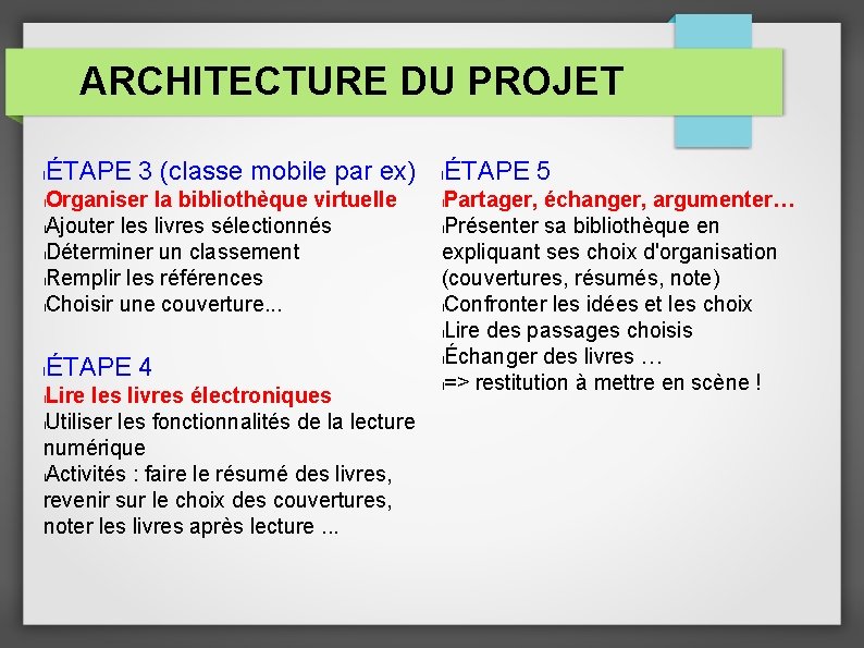 ARCHITECTURE DU PROJET ÉTAPE 3 (classe mobile par ex) l Organiser la bibliothèque virtuelle