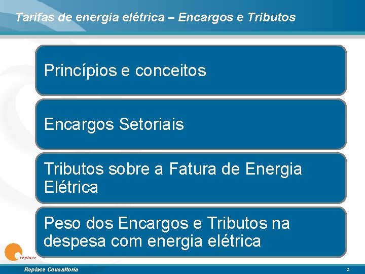 Tarifas de energia elétrica – Encargos e Tributos Princípios e conceitos Encargos Setoriais Tributos