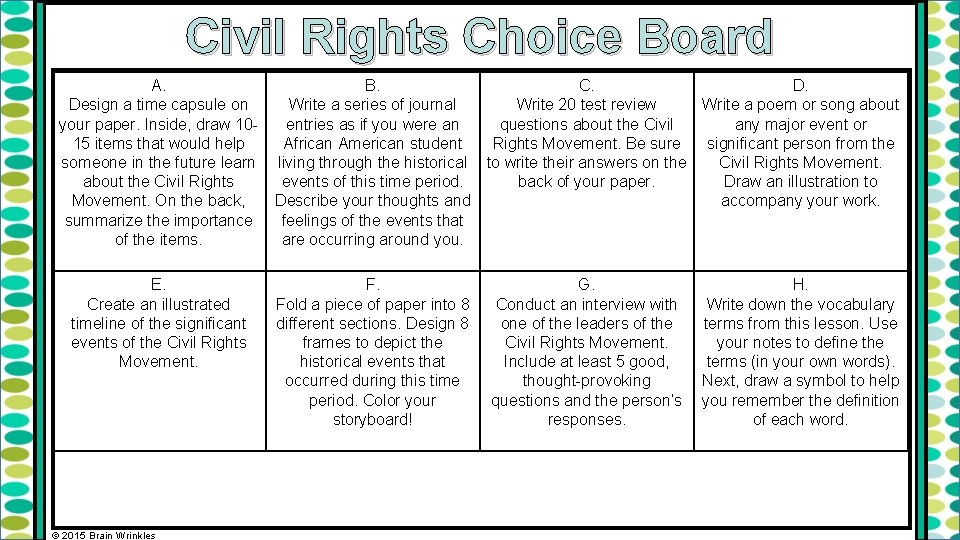 Civil Rights Choice Board A. B. C. Design a time capsule on Write a