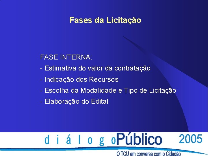 Fases da Licitação FASE INTERNA: - Estimativa do valor da contratação - Indicação dos