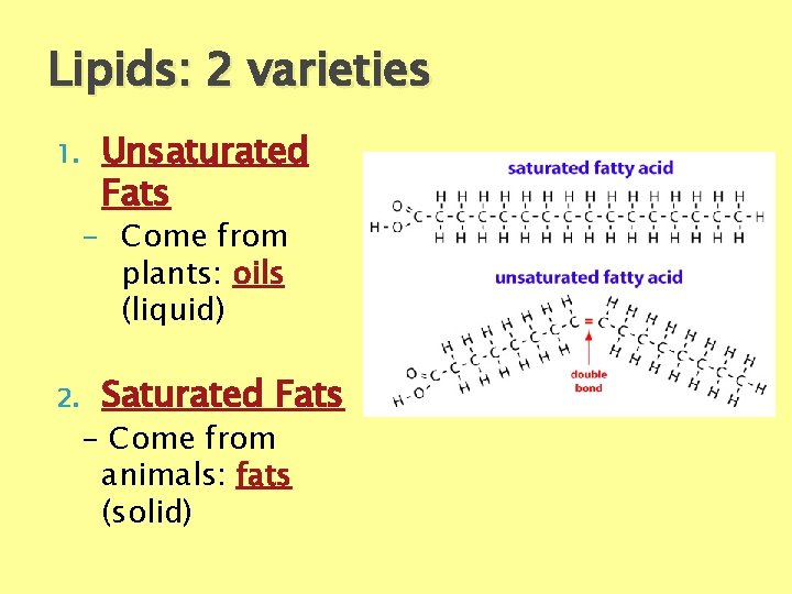 Lipids: 2 varieties 1. Unsaturated Fats - Come from plants: oils (liquid) 2. Saturated