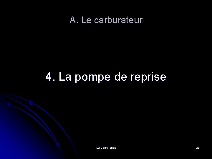 A. Le carburateur 4. La pompe de reprise La Carburation 28 