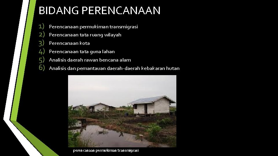 BIDANG PERENCANAAN 1) 2) 3) 4) 5) 6) Perencanaan permukiman transmigrasi Perencanaan tata ruang