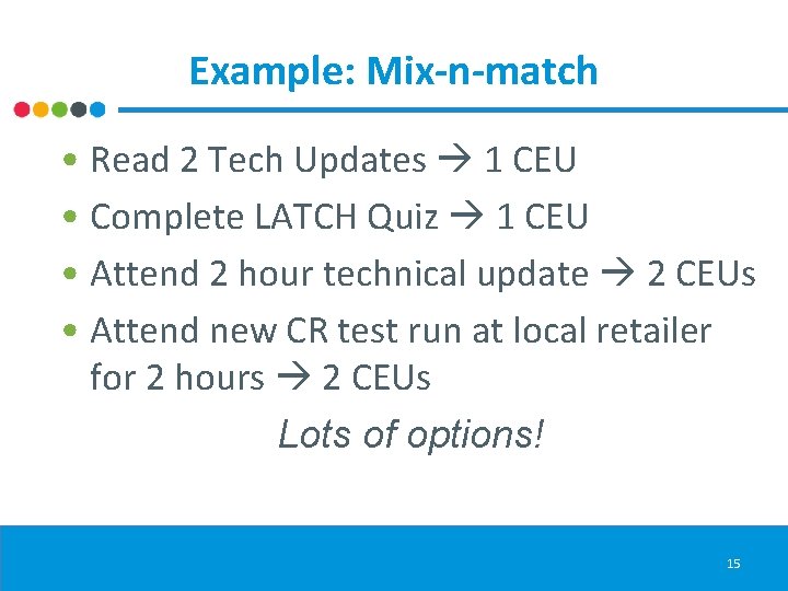 Example: Mix-n-match • Read 2 Tech Updates 1 CEU • Complete LATCH Quiz 1