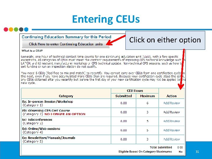 Entering CEUs Click on either option 31 