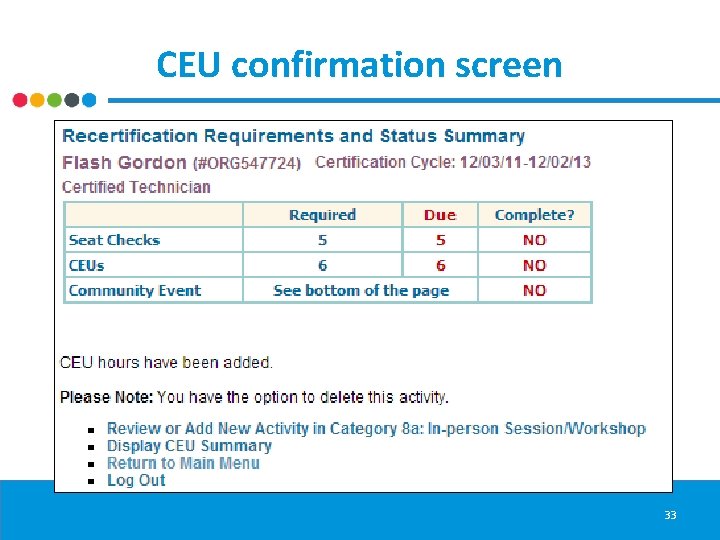 CEU confirmation screen 33 