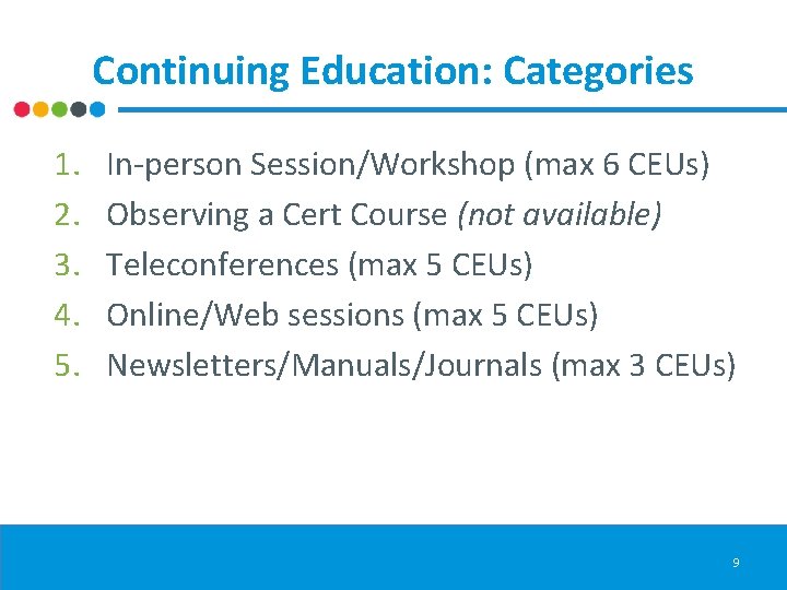 Continuing Education: Categories 1. 2. 3. 4. 5. In-person Session/Workshop (max 6 CEUs) Observing