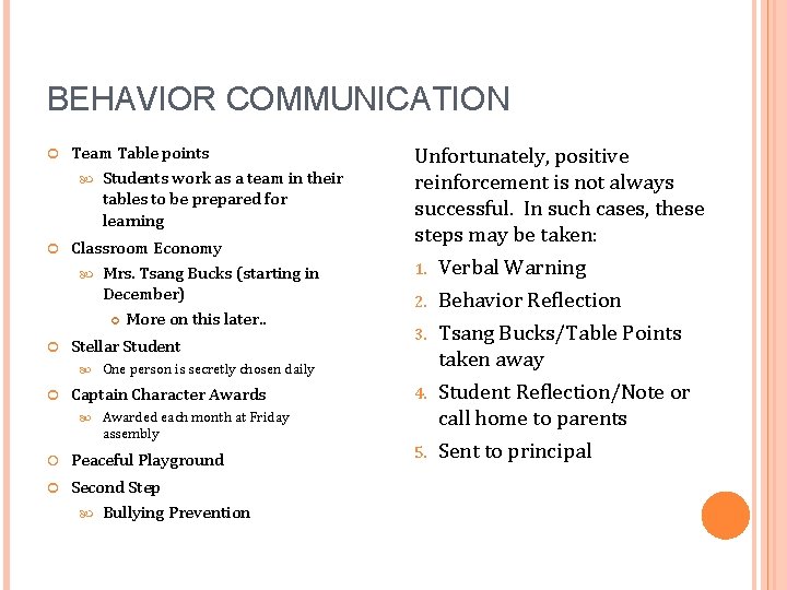 BEHAVIOR COMMUNICATION Team Table points Students work as a team in their tables to