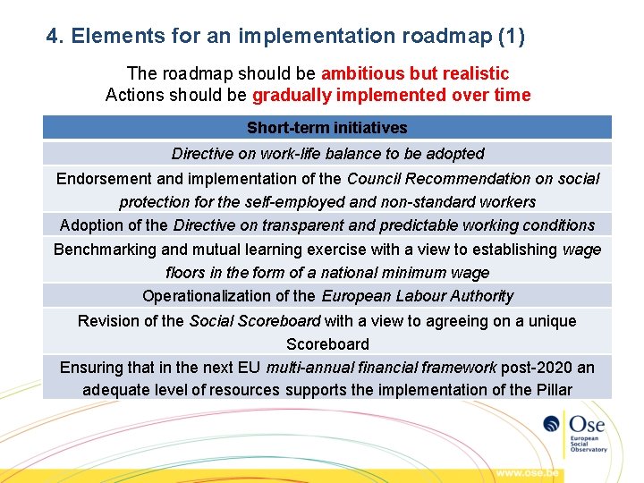 4. Elements for an implementation roadmap (1) The roadmap should be ambitious but realistic