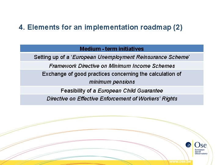 4. Elements for an implementation roadmap (2) Medium - term initiatives Setting up of