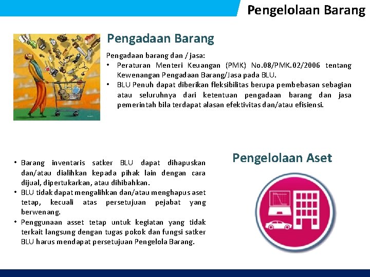 Pengelolaan Barang Pengadaan barang dan / jasa: • Peraturan Menteri Keuangan (PMK) No. 08/PMK.