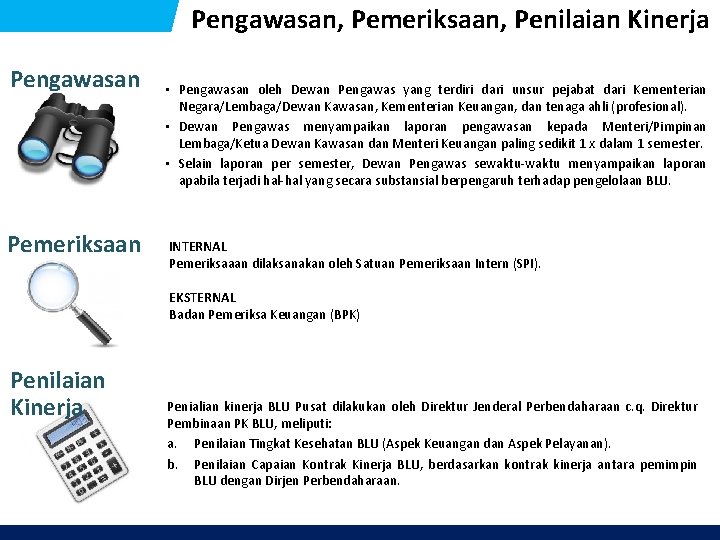 Pengawasan, Pemeriksaan, Penilaian Kinerja Pengawasan Pemeriksaan • Pengawasan oleh Dewan Pengawas yang terdiri dari