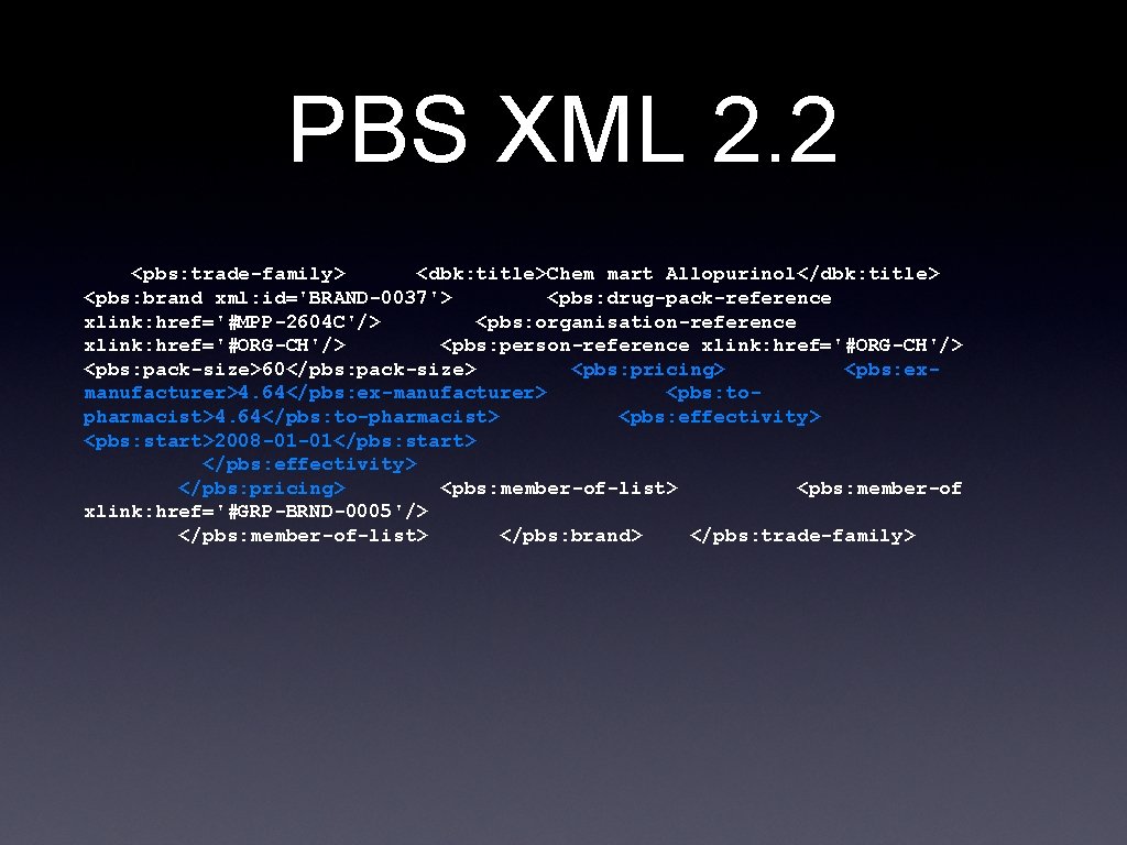 PBS XML 2. 2 <pbs: trade-family> <dbk: title>Chem mart Allopurinol</dbk: title> <pbs: brand xml: