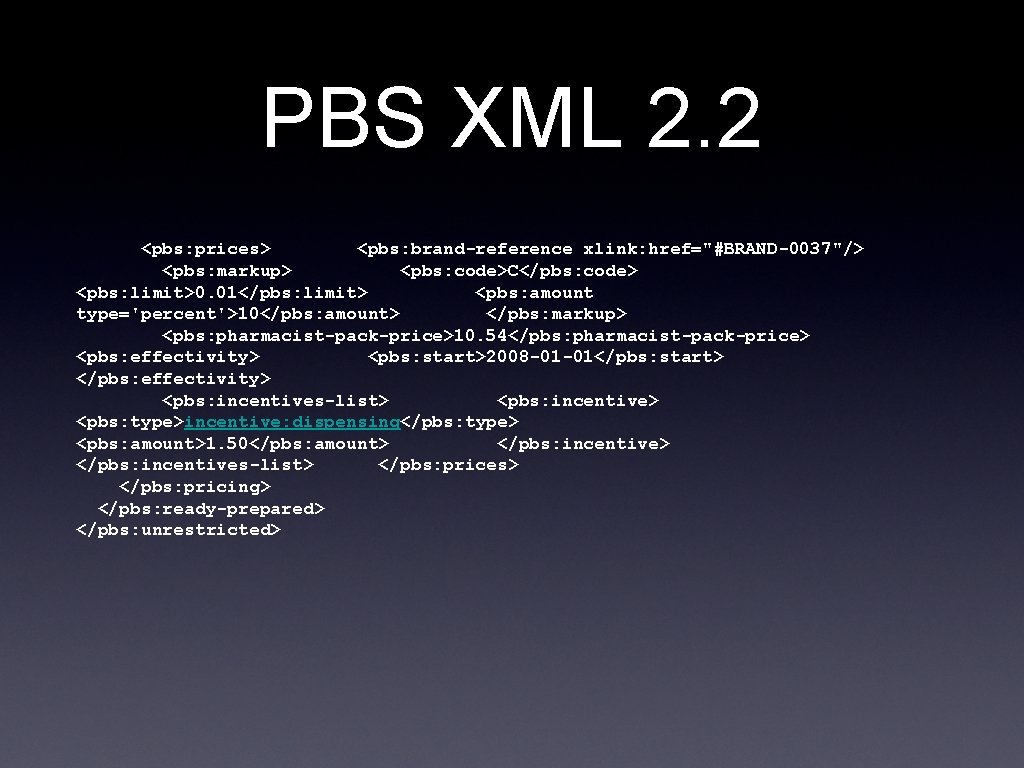 PBS XML 2. 2 <pbs: prices> <pbs: brand-reference xlink: href="#BRAND-0037"/> <pbs: markup> <pbs: code>C</pbs: