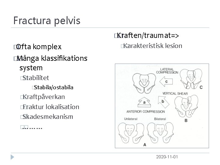Fractura pelvis � Kraften/traumat=> � � Ofta � komplex �Karakteristisk � lesion � Många