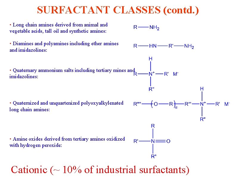 SURFACTANT CLASSES (contd. ) • Long chain amines derived from animal and vegetable acids,