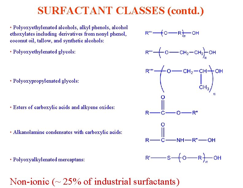 SURFACTANT CLASSES (contd. ) • Polyoxyethylenated alcohols, alkyl phenols, alcohol ethoxylates including derivatives from