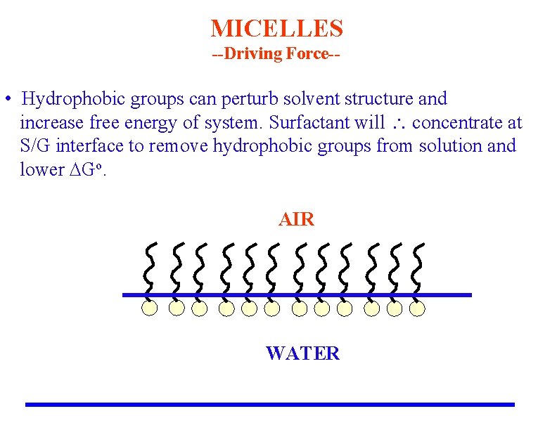 MICELLES --Driving Force-- • Hydrophobic groups can perturb solvent structure and increase free energy